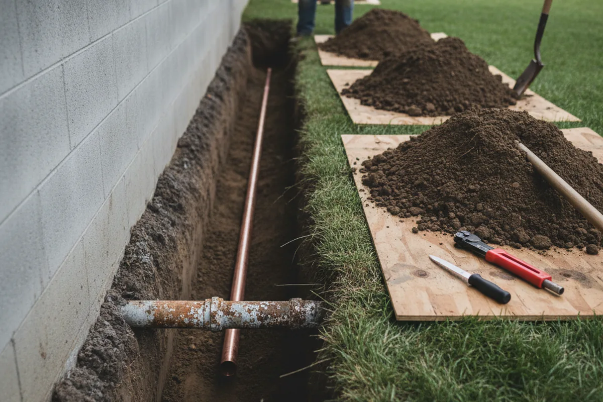 Excavated water line trench during Water Softener Installation in Tyngsboro